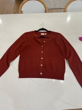 Crewneck Button-Front Cardigan in Rust